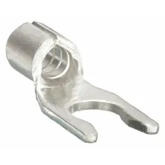 Non-insulated locking fork terminal for #6 stud size, accepting 16 AWG to 14 AWG wire. Rated for 600 V, the bare copper construction provides reliable electrical connections in control panels, machinery, and power distribution systems.