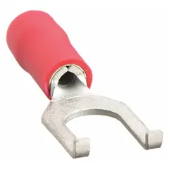 Red vinyl insulated fork terminal for #10 stud size, accepting 22 to 16 AWG wire. Features a flanged fork design and insulation grip barrel style. Rated 600 V. Used for secure, removable connections under screws or studs in control panels and wiring systems.