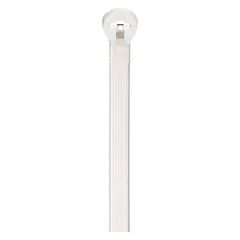 Natural-colored fine adjustment cable tie for indoor bundling and securing wires, cables, or hoses. Nominal length 14 1/2 in, maximum bundle diameter 4 in, width 0.18 in. Pack of 1,000. Not for outdoor use.