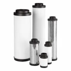 Replacement coalescing filter element for compressed air and gas systems. Constructed from borosilicate glass, it achieves 99.97% filtration efficiency at 0.01 micron, removing liquid aerosols and fine particulates. Suitable for industrial pneumatic, instrumentation, and process gas filtration applications.