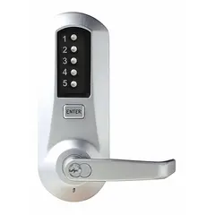 Mechanical push button lockset in chrome finish with clutch lever style. Features KABA Cylinder (Schlage 'C' Keyway) key override. Suitable for commercial and institutional doors requiring keyless entry.