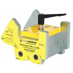 This switchable welding magnet holds ferrous workpieces at preset angles of 45°, 60°, 75°, 90°, 105°, 120°, and 135°. With a maximum pull force of 788 lb, it provides secure fixturing for welding, fabrication, and assembly tasks in metalworking shops.