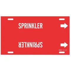 Red pipe marker with white legend reading 'Sprinkler' and directional arrows. Strap-on design fits pipe outer diameters of 10 to 15 inches. Used to identify sprinkler system piping in industrial and commercial facilities.