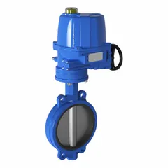 This ductile iron wafer-style butterfly valve features EPDM sealing and operates on 120V AC power with manual input control signal. Suitable for general-service flow control in HVAC, wastewater, and water media systems.
