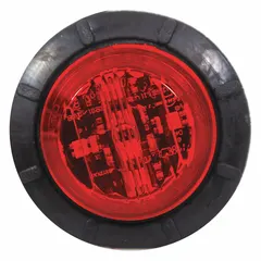 Red LED clearance light with round surface-mount design and hole/panel mount. Features male bullet connector, IP67 rating, and SAE PC lens code. Suitable for exterior vehicle lighting on trucks, trailers, and heavy equipment for side or rear visibility.