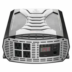The COBRA CPI3000W power inverter converts 10.5 to 15.0V DC input to 115V AC output at 60 Hz with modified sine wave form. It provides 3000W continuous output power and features 4 AC outlets and 2 USB ports for direct DC charging. Suitable for powering tools, appliances, and electronics in vehicles or at job sites.
