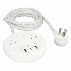 White desktop surge protector with 2 outlets and a 6 ft cord. Provides 300 J of surge energy dissipation and supports up to 4.8 A current via a 5-15P plug. Designed for desktop mounting to protect connected electronics from power surges.