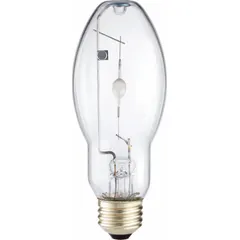 Metal halide HID lamp with BD17 shape and medium screw (E26) base. Operates at 100.4 W and 110 V, producing 2900K warm white light. Suitable for universal burning orientation in commercial and industrial lighting applications such as retail displays, warehouses, and outdoor area lighting.