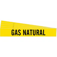 Yellow fiberglass pipe marker with black 'Gas Natural' legend, designed for pipes with outer diameter 2-1/2 to 7-7/8 inches. Carrier-mounted with strapping for secure attachment. Pack of 5, each marker without arrows. Used to identify natural gas lines in piping systems.