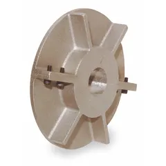 Aluminum heat slinger with aluminum-plated finish. Outside diameter 10 in, bore diameter 2 7/16 in. Designed for use with model 3AXF4. Used in industrial fans, blowers, and motors to dissipate heat from shafts or bearing assemblies.