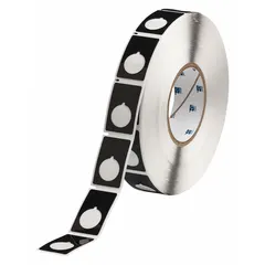 Polyester label roll with black gloss finish, precut for raised panel push buttons. Each label measures 1 29/32 in x 1 13/64 in. Compatible with THT printer series. Used for industrial identification of push buttons, switches, and controls.
