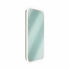 Rectangular front-lit glass mirror with white finish and round edge. Overall dimensions: 36 in height, 24 in width, 2 1/4 in depth. Provides even illumination for grooming tasks in commercial or residential washrooms.