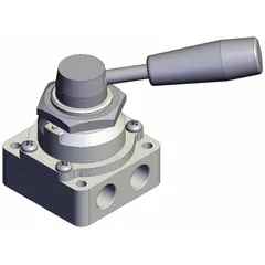 Manual air control valve with lever actuator for two-position on/off control. Features 1/4 in BSPP porting and a panel-mounted, side-ported body. Suitable for pneumatic systems requiring direct operator control of air flow.