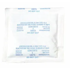 Tyvek desiccant bags for moisture control in packaging and storage. Each 18 g bag protects 0.83 cu ft of enclosed space. Supplied in a pail of 550 pieces. Bag dimensions: 3 1/2 in length.