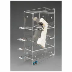 Clear acrylic benchtop pipette holder designed to organize and store up to four serological pipettes. Overall height 16 in, length 11 in. Suitable for laboratory environments requiring accessible, contamination-protected pipette storage.