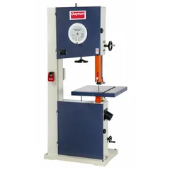 This manual vertical band saw is designed for cutting metal workpieces, offering a 20-inch throat depth and variable speed range of 100 to 4350 SFPM. The blade tilts from 0° to 45° for angled cuts, and the saw operates on single-phase 230V AC power. Suitable for fabrication and maintenance tasks requiring precise contour or straight cuts in metal.