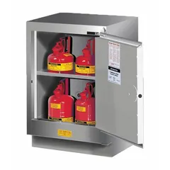 This JUSTRITE flammable cabinet is constructed of steel with a silver finish. It features manual doors and is stationary. The cabinet measures 24 inches wide, 21-5/8 inches deep, and 35-3/4 inches high. It is designed for use with counters and is suitable for storing flammable liquids in laboratory or industrial settings.
