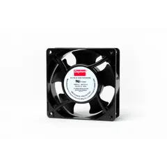 Standard square axial fan for general ventilation and cooling in industrial equipment, electronics enclosures, and control panels. Features polybutylene terephthalate blades, terminal connections, and IP33 rating. Operates on 230V AC with 98 cfm airflow at 0.000 in static pressure.