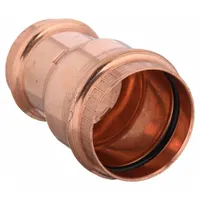 This press-fit straight coupling connects 1 1/2 in CTS to 2 in CTS copper tubing. Made of copper or bronze, it is used in plumbing systems for transitioning between different tube sizes without soldering