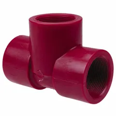 This tee pipe fitting is made of red polyvinylidene, Schedule 80, and complies with ASTM D3222. It has a 3/4 in x 3/4 in x 3/4 in fitting pipe size and is UV-resistant. Used to create a three-way branch connection in piping systems for corrosive fluid handling or outdoor applications.