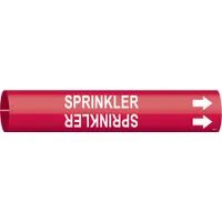 This snap-on pipe marker identifies sprinkler system piping. It features a red background with white legend and directional arrows. Fits pipe outer diameters from 1-1/2 to 2-3/8 inches. Supplied as a single marker