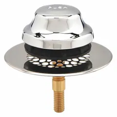 This WATCO bathtub drain stopper is made of plastic with a chrome-plated finish and a silver color. It features a toe-touch mechanism for easy operation and has an overall diameter of 2-7/8 inches. Designed for standard bathtub drains, it allows the tub to fill with water for bathing.