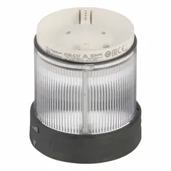 Steady light module for industrial signaling applications. Provides continuous visual indication of machine status or process conditions. Clear lens, 250V operating voltage. 70 mm overall diameter, 63 mm overall height. Compatible with XVB series tower light systems.