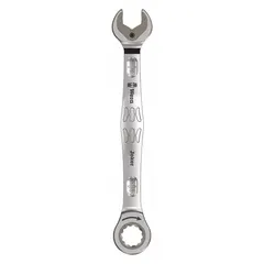 This SAE spline ratcheting combination wrench features a 5/8 in head size and an overall length of 8 1/4 in. Constructed with a nickel chrome finish, it is designed for tightening and loosening fasteners in confined spaces where ratcheting operation is beneficial.