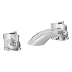 Cast brass widespread handle bathroom faucet with polished chrome finish. Includes mounting hardware. Flow rate 0.5 gpm. Suitable for lavatory sinks in commercial and residential settings.