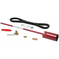 This propane torch features a fixed tip with adjustable flame control. It includes an external lighter for ignition. Suitable for outdoor tasks such as weed control, surface drying, and light heating applications