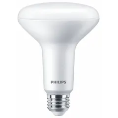 This PHILIPS BR30 LED bulb operates at 120V AC with a medium screw (E26) base. It consumes 7.2W and delivers 650 lm light output at 3000K color temperature. The frosted finish and shatter-resistant construction make it suitable for recessed downlights, track lighting, and accent fixtures in commercial and residential spaces.