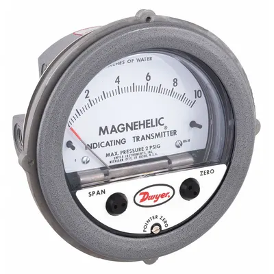 Dwyer Indicating Differential Transmitter: Dial, 0 in wc to 1 in wc, Screw Terminals - Differential Pressure Transmitters with Dial Display
