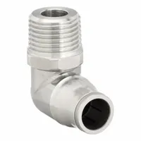 This stainless steel push-to-connect elbow fitting connects 8 mm OD tubing to a 1/8" BSPT male threaded port. The push-fit design enables tool-free installation in pneumatic or fluid systems. Suitable for applications requiring a compact 90° turn, such as industrial automation and packaging equipment
