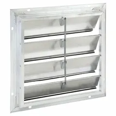 Single-panel, flat-blade backdraft damper for vertical mounting in wall openings. Designed for horizontal airflow with a maximum velocity of 2500 fpm. Used in ventilation systems to prevent reverse airflow when the fan is off.
