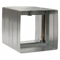 Rectangular fire damper with curtain blade type and gravity closure, designed for vertical mounting. Measures 9 3/4 inches in height and width, with a 12-inch length. Includes sleeve for installation in HVAC ductwork to maintain fire-rated partitions.