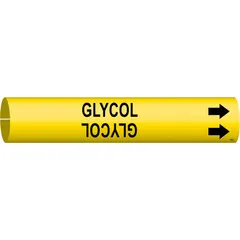 This snap-on pipe marker features a yellow background with black legend reading 'Glycol' and directional arrows. It fits pipe outer diameters from 3/4 to 1-3/8 inches. Used to identify glycol piping in industrial facilities for maintenance and safety.