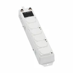 This healthcare power strip from TRIPP LITE features 6 outlets, a 6 ft cord, and a 15 A current rating. It is UL 1363 listed with a white finish and a 5-15P plug. The keyhole mounting style allows secure wall attachment. Suitable for power distribution in medical environments.
