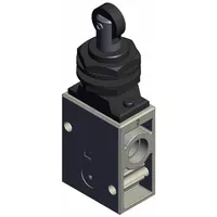 Roller-actuated, 3-port manual air control valve with 1/4 in NPT ports. Maximum operating pressure 1 MPa. Used in pneumatic systems for directing airflow in industrial automation, packaging, and material handling applications