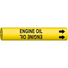 Yellow pipe marker with black legend text reading 'Engine Oil' and directional arrows. Fits pipe outer diameters of 4 to 6 inches. Used for identifying engine oil lines in industrial piping systems.
