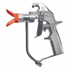 Airless spray gun for applying coatings in industrial finishing, maintenance, and protective-coating applications. Stainless steel construction with 1/4 in NPSM air inlet and 5,000 psi max working pressure. Includes flat tip guard.