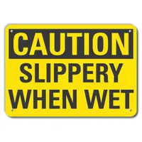 This caution sign warns of slippery wet floor hazards. Made of 0.055 in thick plastic with mounting holes for permanent attachment. Nominal size 7 x 10 in. Not retroreflective, not glow-in-the-dark, no anti-slip surface. Suitable for indoor or outdoor use where slip risks exist