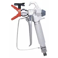 This GRACO airless spray gun is constructed of aluminum and rated for a maximum working pressure of 3,600 psi. It includes a built-in hose swivel for enhanced maneuverability. Designed for use with paints, it is suitable for industrial and commercial finishing applications requiring high-volume spraying