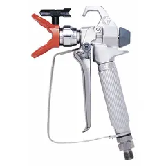 This GRACO airless spray gun is constructed of aluminum and rated for a maximum working pressure of 3,600 psi. It includes a built-in hose swivel for enhanced maneuverability. Designed for use with paints, it is suitable for industrial and commercial finishing applications requiring high-volume spraying.