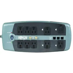 General purpose surge protector outlet strip with 10 outlets, 8 ft cord, 3330 J rated energy absorption, and 15 A current rating. Features keyhole mounting style for secure installation on walls or racks. UL 1363 listed. Suitable for protecting electronics in office, server room, or home entertainment environments.