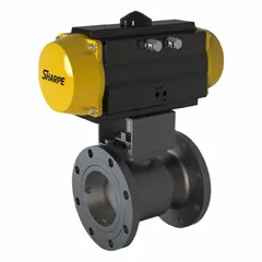 This SHARPE pneumatically-actuated ball valve features a carbon steel body with flange x flange connections for on/off flow control in industrial pipelines. The 3-inch valve is designed for pneumatic actuation; pilot solenoid voltage is not included. Typical applications include oil, gas, petrochemical, and water treatment systems.