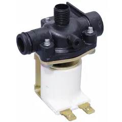 This plastic closed body solenoid valve is a replacement part for wash fountain cartridges and mixing valves. It is used to control water flow in commercial restroom fixtures. The plastic construction provides corrosion resistance in water-handling applications.