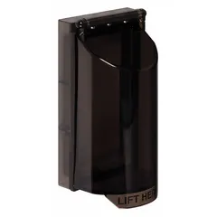 Smoke polycarbonate cover for indoor fingerprint readers. Flush-mount, wall-mount design with 'LIFT HERE' legend. Includes mounting hardware. Helps protect against vandalism and damage. No alarm.