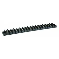 This 18-pole surface mount barrier strip accepts wire sizes from 22 AWG to 14 AWG and is rated for 15 A maximum current. It is used for organizing and terminating multiple wire connections in control panels, junction boxes, and electrical equipment. No cover is included.