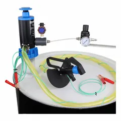 This air and hand-operated piston drum pump features a 1:1 ratio and a maximum flow rate of 4.5 gpm. It includes a discharge hose and nozzle, with a polypropylene (PP) suction tube. Suitable for transferring fluids from drums or containers in industrial settings.
