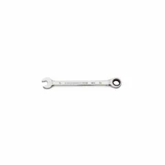 This GEARWRENCH combination wrench features a 15 mm SAE 12-point ratcheting box end for faster fastener turning without repositioning. Made of alloy steel with a full polish chrome finish, it is suited for tightening and loosening fasteners in automotive repair, industrial maintenance, and mechanical assembly.